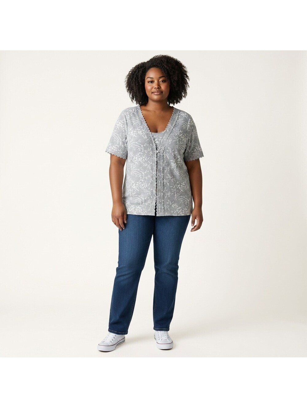 Belle Amie Top Women XL Gray Floral Short Sleeve Round Neck Pullover Casual